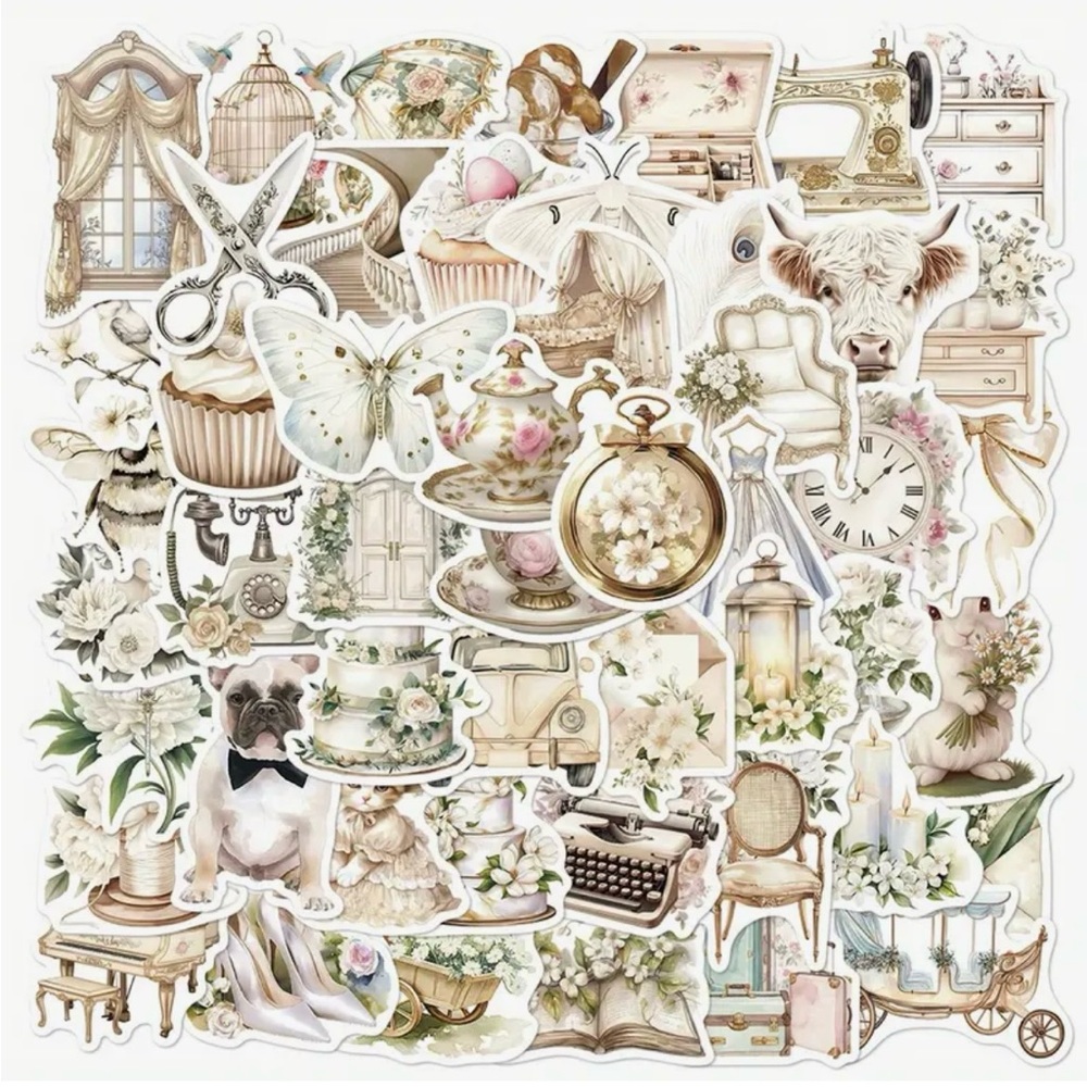 50 Romantic White & Cream Stickers Farmhouse Vintage Flowers Sweets Home